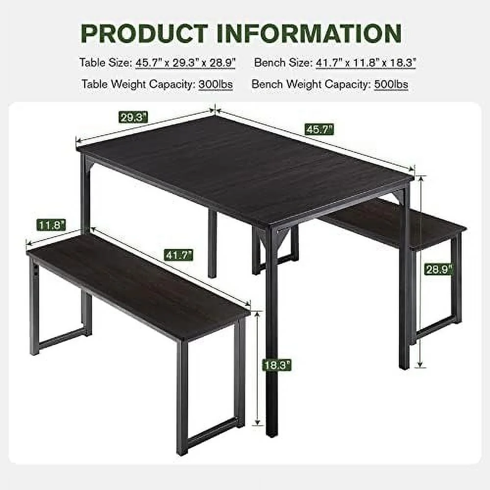 HJZBNONE 45" Dining Table Set for 4  3-Pieces Kitchen & Dining Room Sets with Benches  Metal Frame and Wood Board  Sturdy Structure  Easy Assembly  Small Space Dinette  Brown &amp