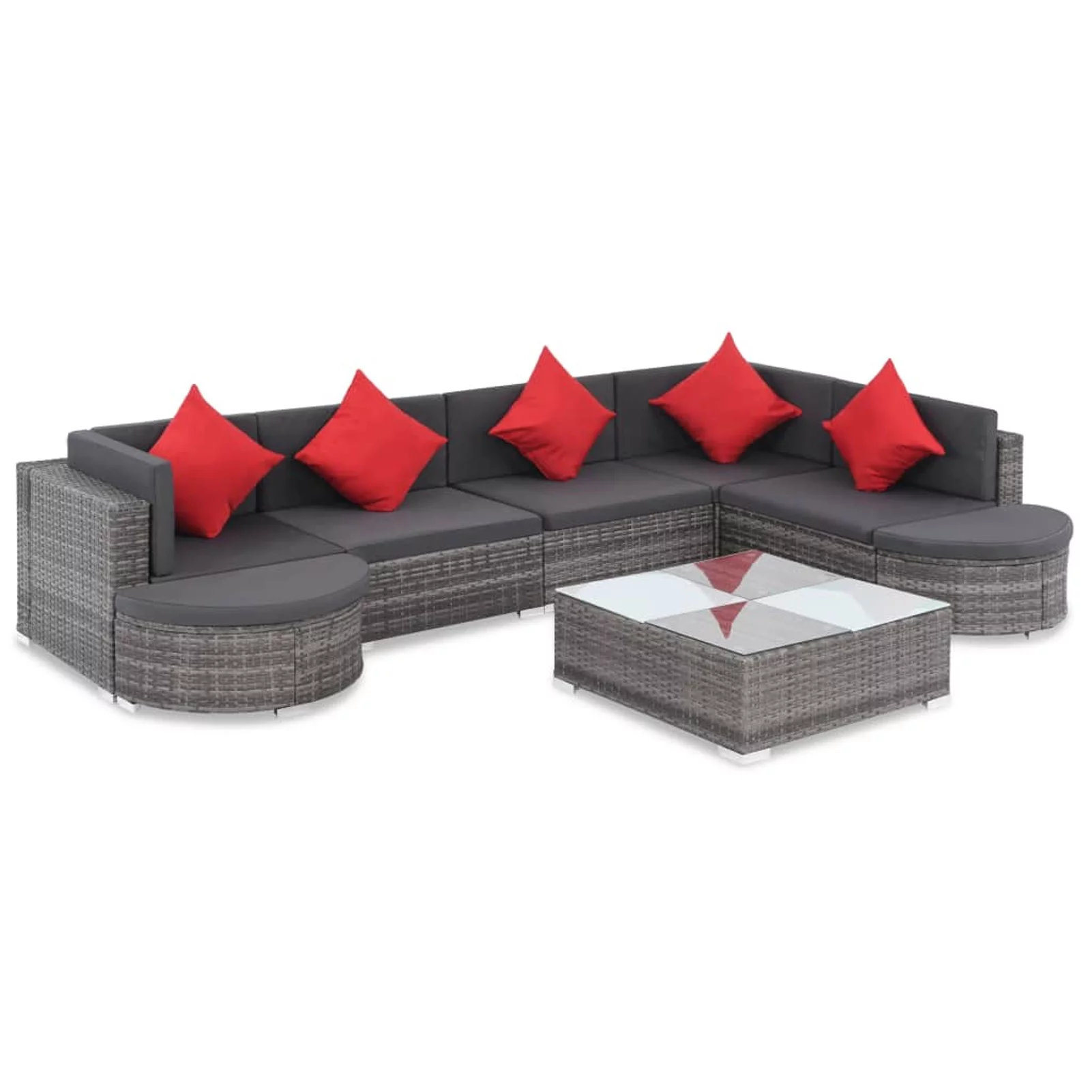 moobody 8 Piece Garden Conversation Set Cushioned 2 Corner with 3 Center Sofa, 2 Half-Round Stool, Coffee Table Gray Poly Rattan Sectional Outdoor Furniture Set for Backyard, Patio, Pool, Balcony