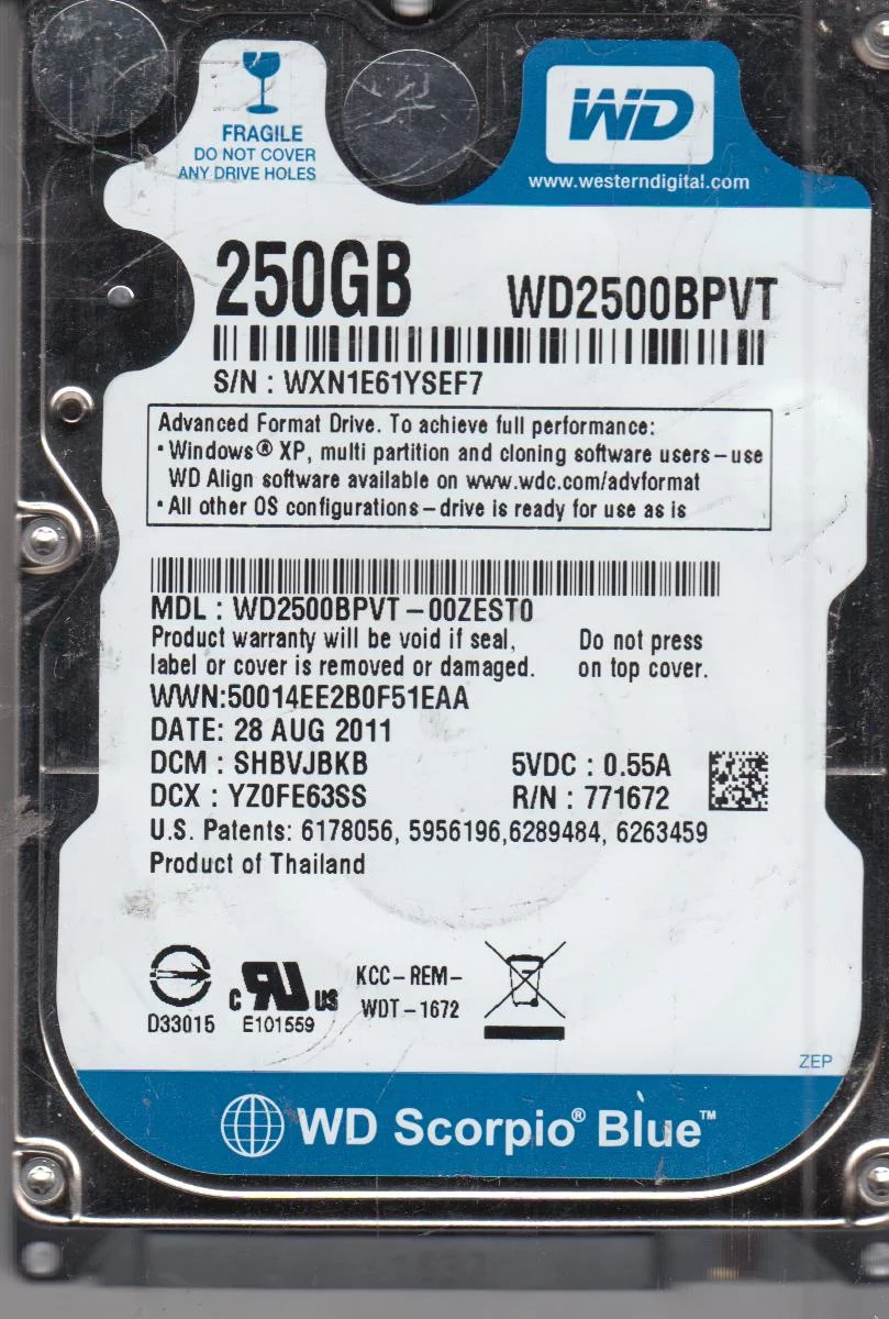 WD2500BPVT-00ZEST0, DCM SHBVJBKB, Western Digital 250GB SATA 2.5 Hard Drive