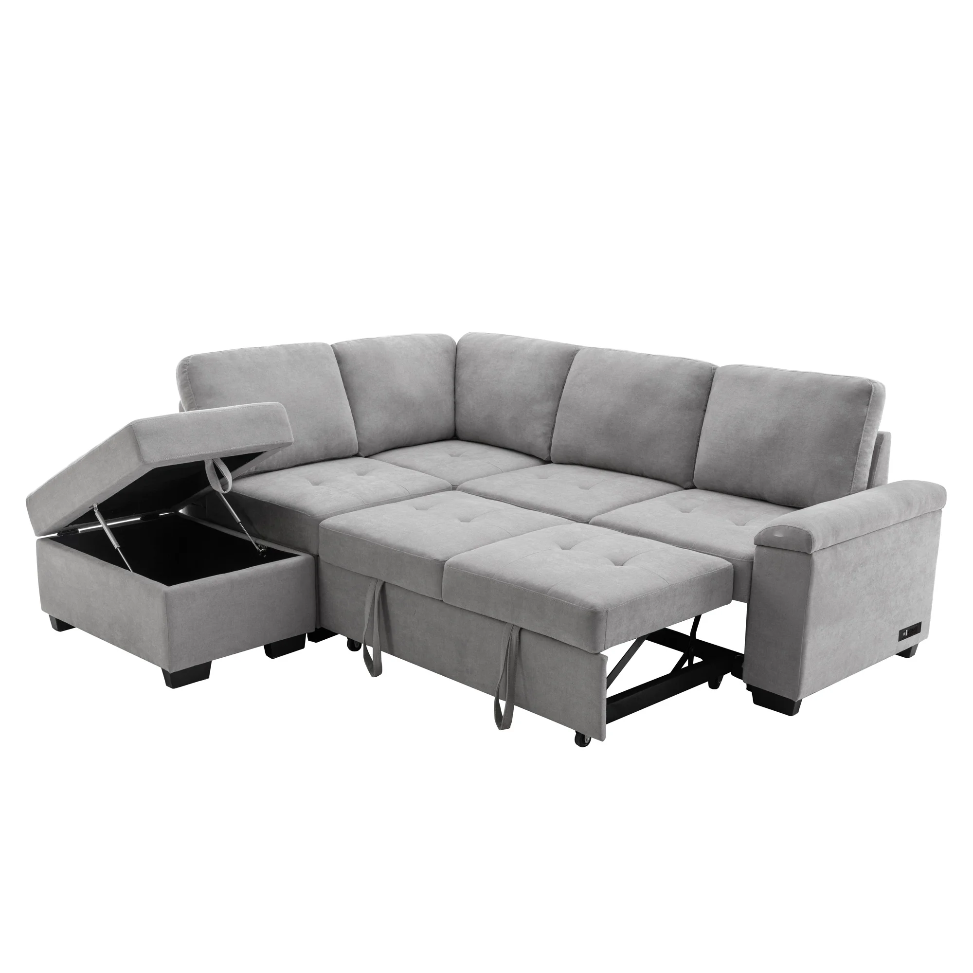Churanty Pull Out Sofa Bed Sectional Sleeper Sofa,L Shape Corner Couch with Storage Ottoman, Hidden Arm and USB Charge for Living Room Apartment,Gray
