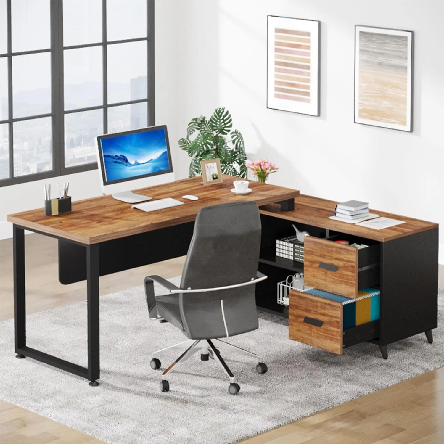 L Shaped Desk with File Drawer, 55 Inch Executive Office Desk with File Cabinet Storage Shelves