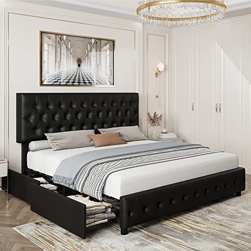 Queen Bed Frame with 4 Storage Drawers and Adjustable Headboard, Upholstered Platform Bed with Button Tufted Design, Strong Wooden Slats Support, No Box Spring Needed, Fabric, Cream