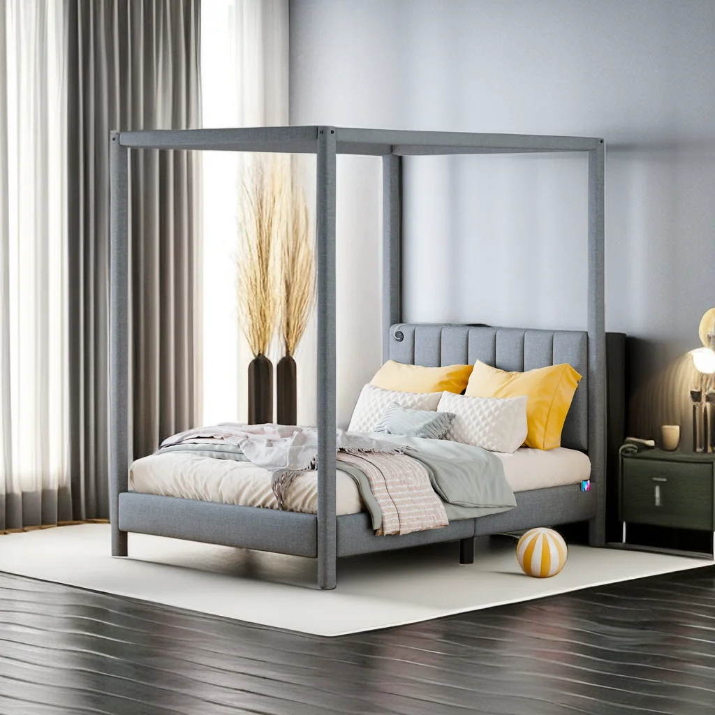 Upholstery Full Size Canopy Platform Bed with Headboard, Full Platform Bed Frame with USB and Type-C Ports,Modern 4 Poster Bed for Teens Adults, No Box Spring Needed