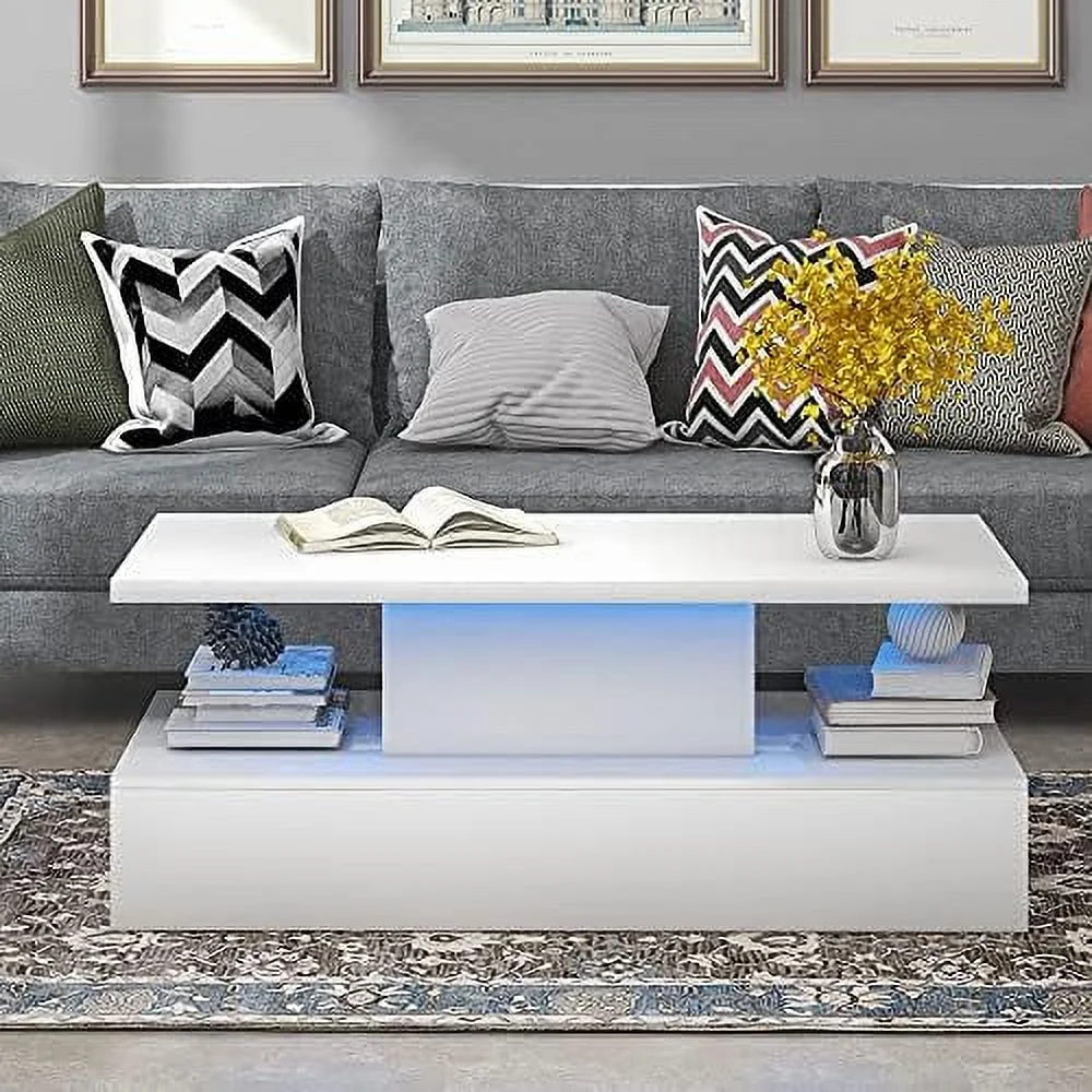 TJUNBOLIFE LED Coffee Table with Drawers  White Center Tables for Living Room  Rectangle Coffee Tables for Living Room  Small Coffee Table Modern White LED Coffee Tables for Living Room S