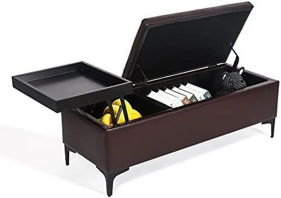 Leatheaire  Ottoman Bench Rectangular Footstool Coffee Table with Lift Tabletop (Blue)