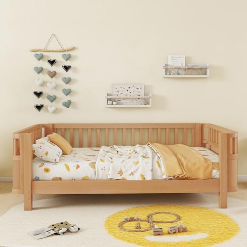 Full Size Kid Bed with Rails,Wooden Kids Day Bed with Detachable Safety Rails and Rounded Corners, Montessori Bed Frame with Headboard,Full Size Bed Frame for Kids Girls (Natural)