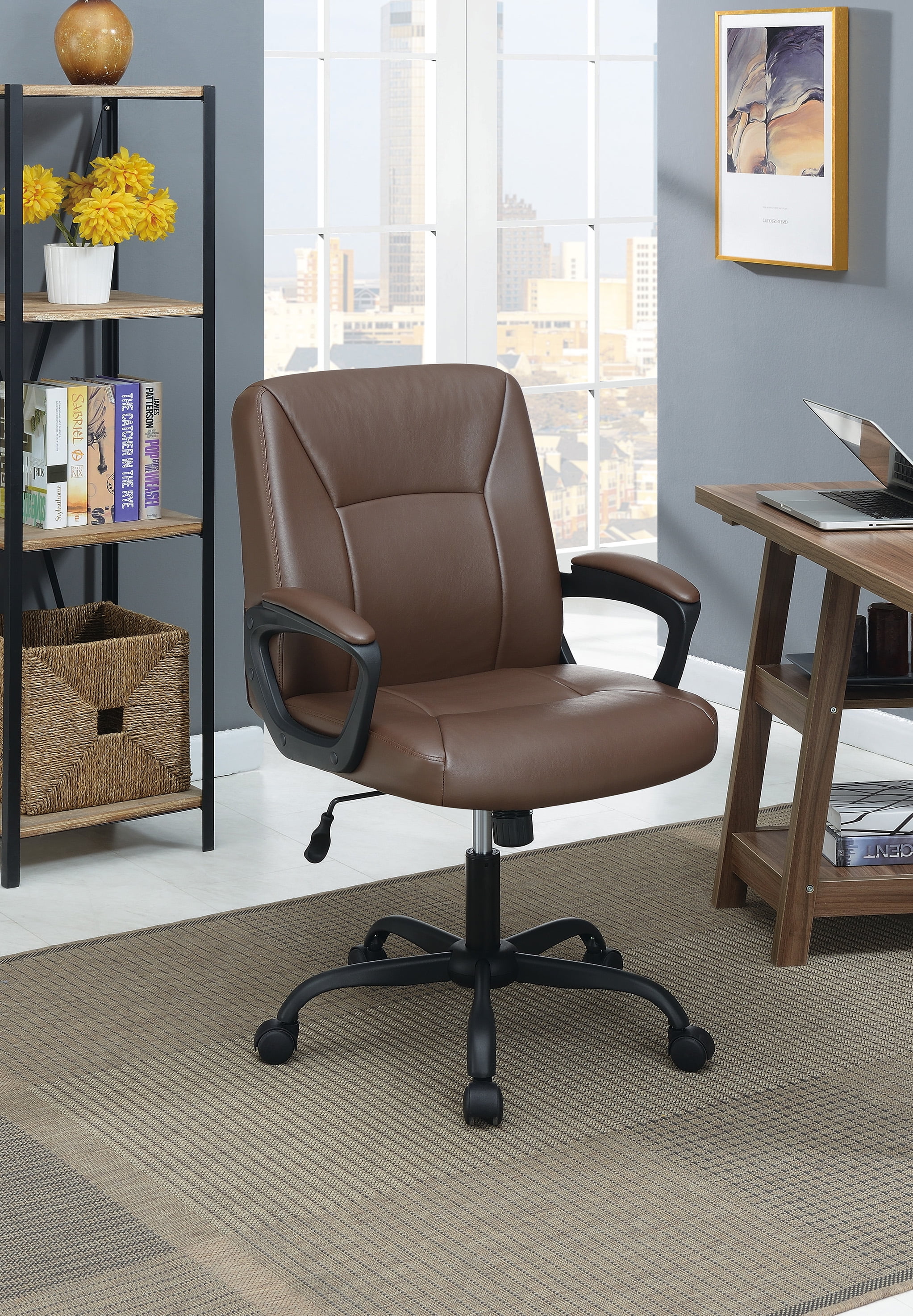 Dcenta Adjustable Height Office Chair with Padded Armrests, Brown
