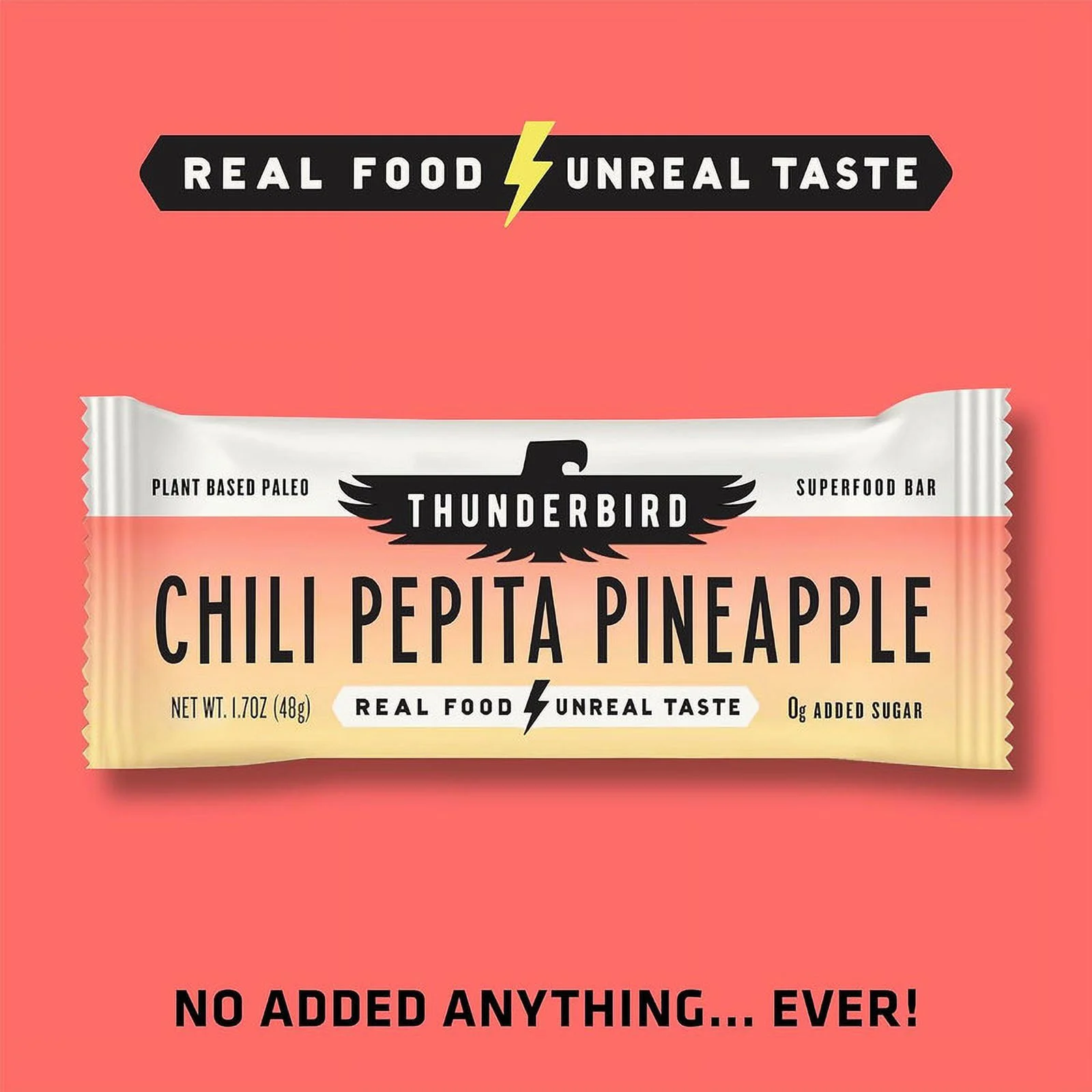 Thunderbird Real Food Energy Bars, Chili Pepita Pineapple, Plant Based Protein, 1.7 Ounce, Fruit & Nut Nutrition Bars - No Added Sugar, Grain and Gluten Free, Non-GMO, 12 Pack