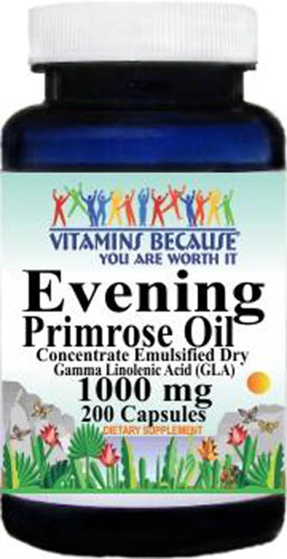 Evening Primrose Oil Concentrate 1000mg Supplement GLA 90mg Gamma Linolenic Acid 200 Caps by Vitamins Because