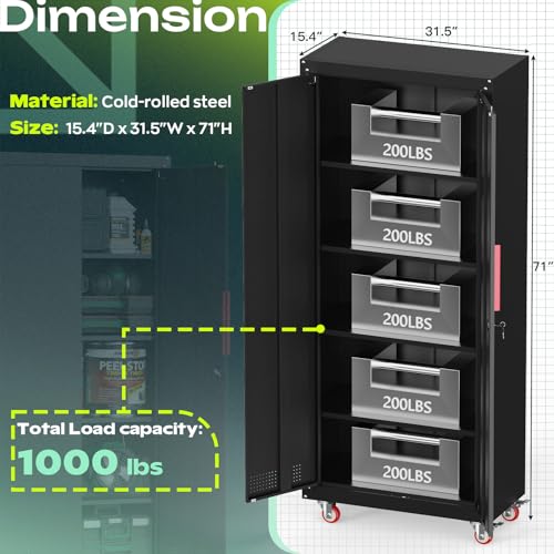 Metal Garage Storage Cabinet, Tall Garage Cabinets with 5 Adjustable Shelves, Steel Tool Storage Cabinet with Wheels,Lockable Heavy Duty Metal Cabinets for Home, Warehouse,Basement