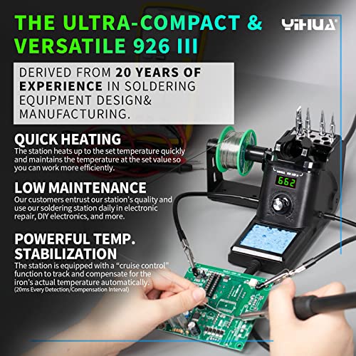 YIHUA 926 III 60W Digital Display Soldering Iron Station Kit w 2 Helping Hands, 6 Extra Iron Tips, Lead-Free Solder, Solder Sucker, S/S Tweezers, °C/ºF Conversion, Auto Sleep & Calibration Support