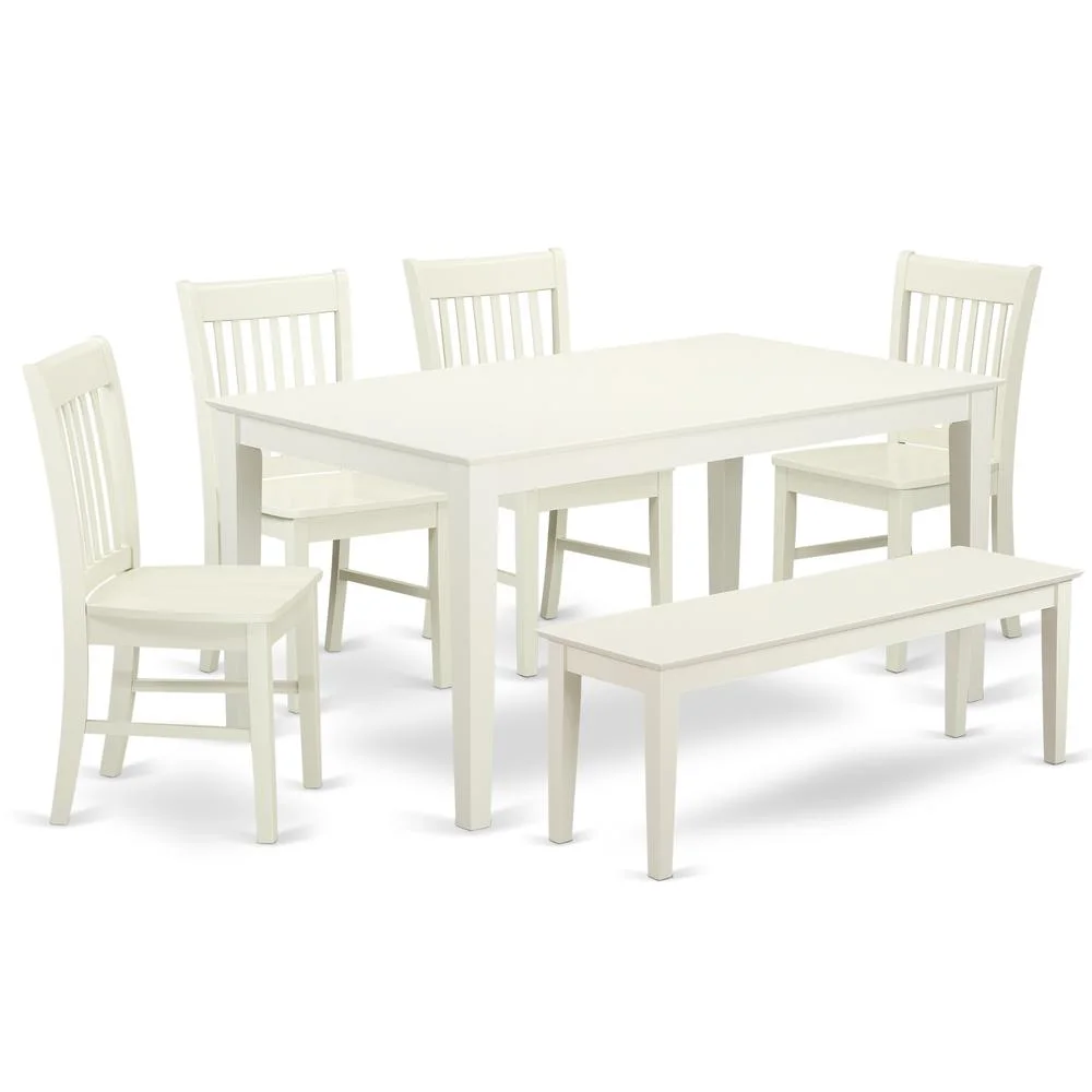 East West Furniture Capri 6-piece Wood Dining Table Set with Bench in White