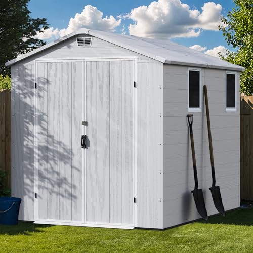 Greesum 6×8FT Plastic Outdoor Storage Shed with Floor, Resin Storaged Sheds with Lockable Double Door, Windows & Vents, All-Weather Tool Sheds for Garden, Backyard, Patio, Light Gray