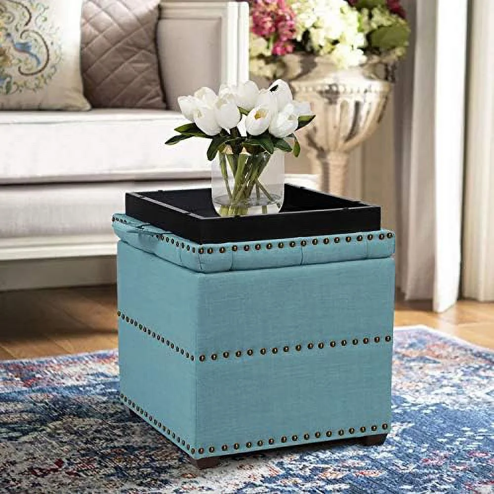 TJUNBOLIFE Ottoman Cube Foot  Stool Square Coffee Table with Tray Lid (Sky Blue)