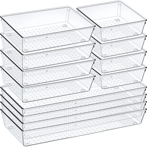 Criusia 6 Pcs Large Size Clear Drawer Organizer Set, Acrylic Non Slip Non Cracking Kitchen Drawer Storage Tray Divider, Multifunctional Storage for Cosmetics, Bathroom, Tools, Kitchen and Office