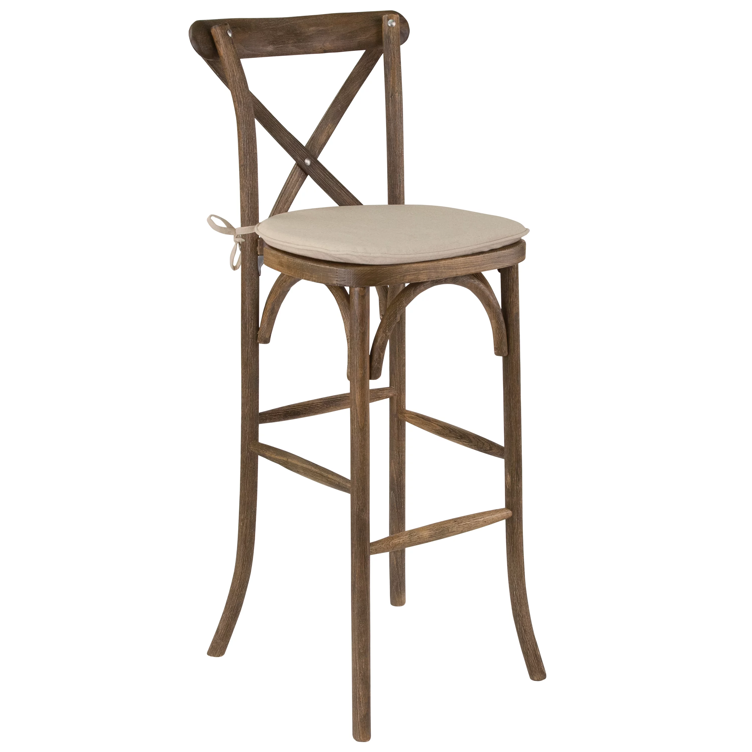 BizChair Dark Antique Wood Cross Back Barstool with Cushion