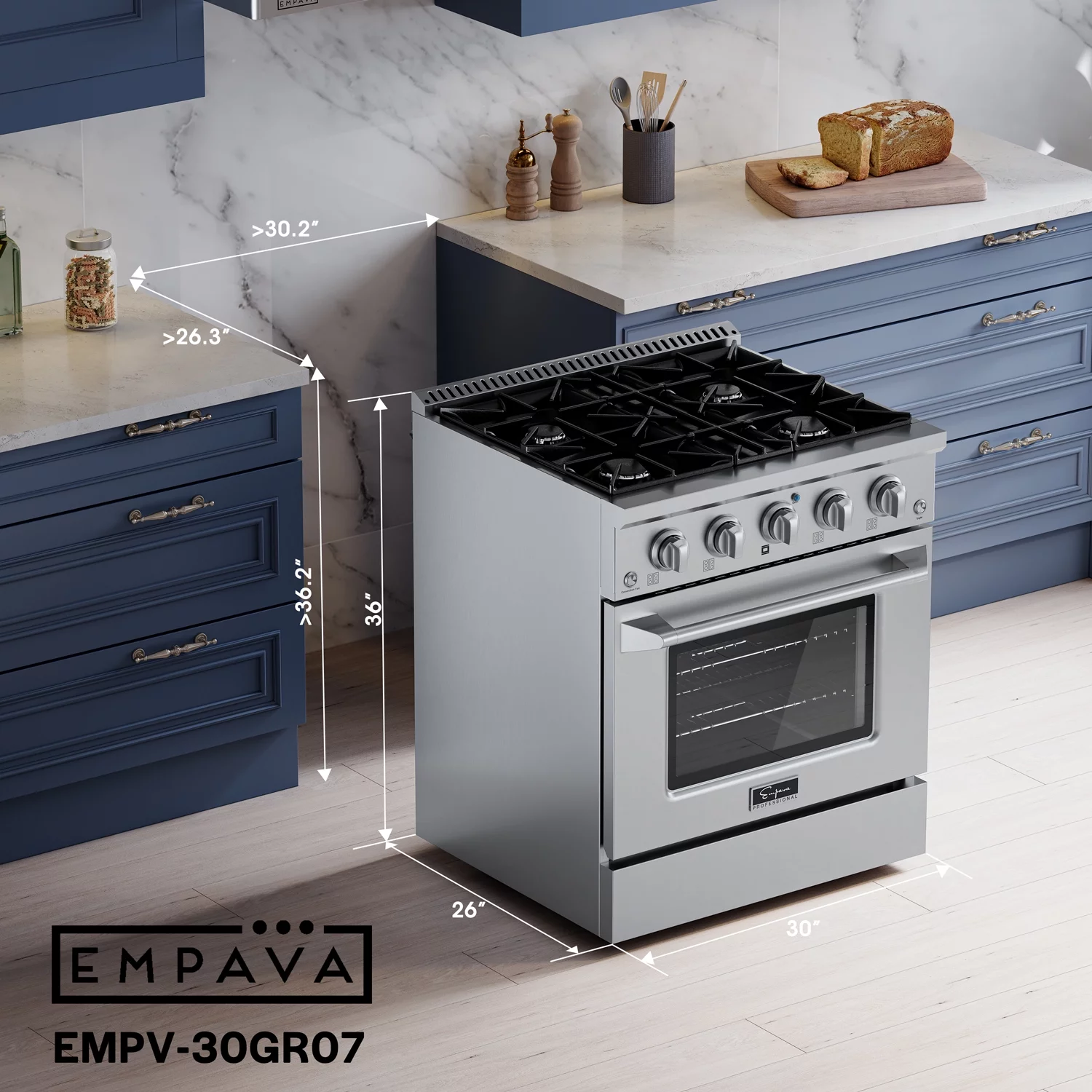 Empava 30 in. 4.2 cu. ft. Pro-Style Slide-In Single Oven Gas Range with 4 Sealed Ultra High-Low Burners - Heavy Duty Continuous Grates in Stainless Steel
