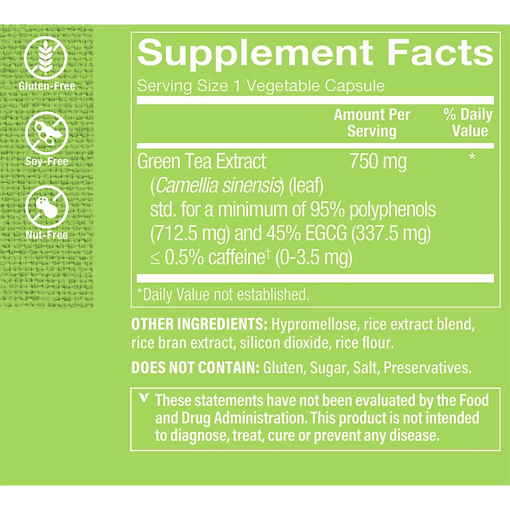 Triple Strength Green Tea Extract 750mg Capsules with EGCG – A Natural Antioxidant to Support Fat Metabolism – Fights Free Radicals – Decaffeinated (200 Vegetarian Capsules) by The Vitamin Shoppe