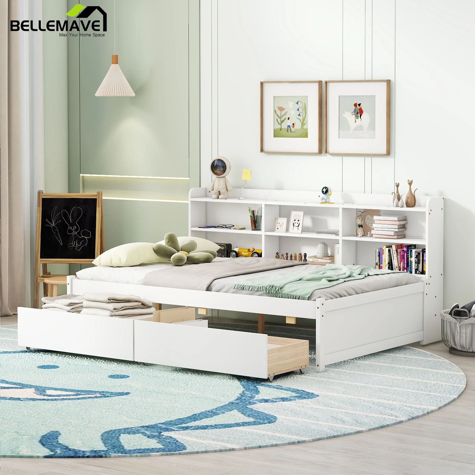 Bellemave Full Size Platform Bed with Bookcases and Drawers Space Saving Full Storage Platform Bed Frame with Built-in Shelves for Kids, Teens, Boys, Girls, No Box Spring Needed, Gray