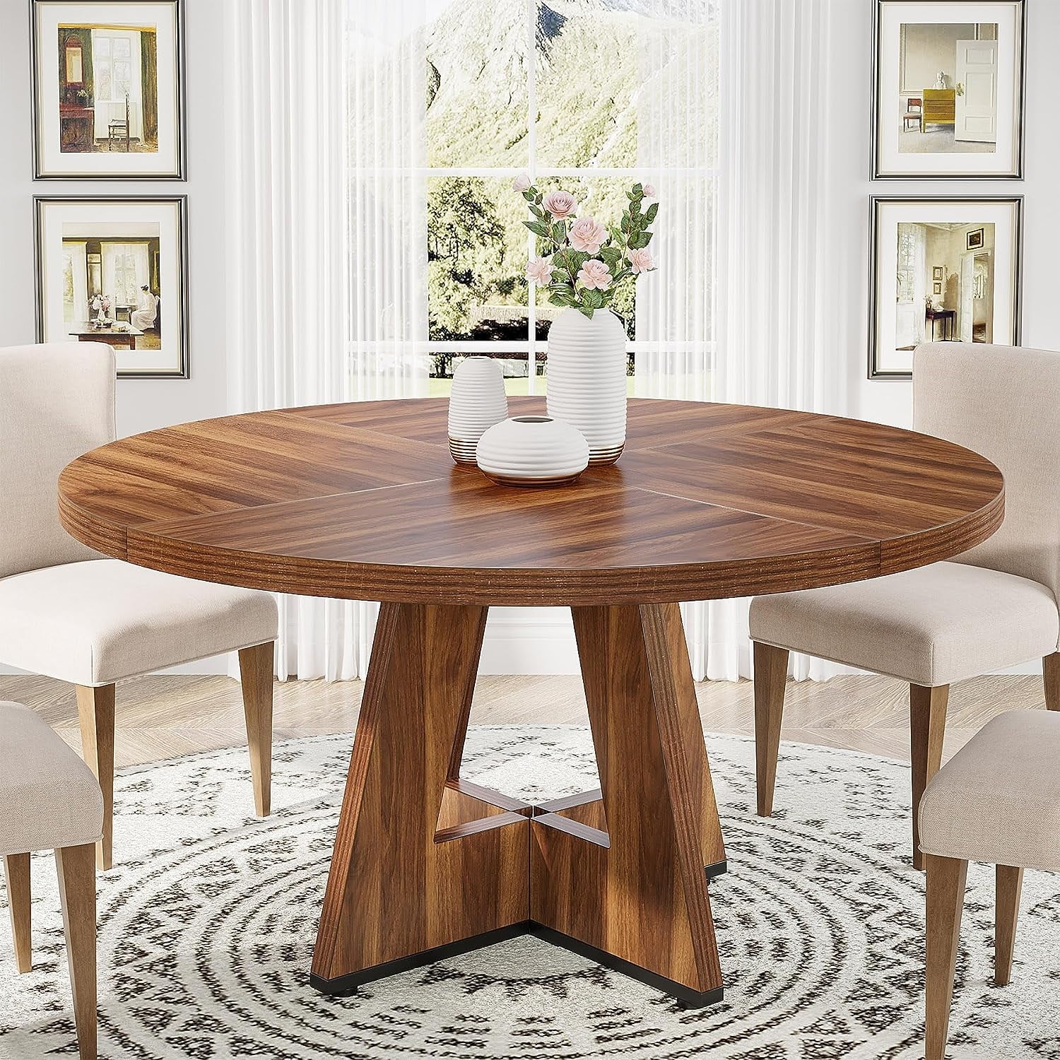 Round Dining Table for 4, 47 Inch Farmhouse Kitchen Table Small Dinner Table