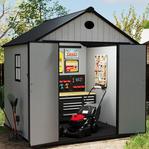 7.3 x 12 FT Shed Resin Outdoor Storage with Floor, 566 cuft Plastic Shed with Window and Lockable Door for Garden, Backyard, with Wood Texture, Grey