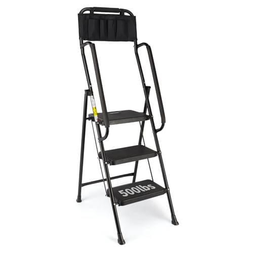 Valeo 3 Step Ladder with Handrails,500 Lbs Capacity,Folding Step Stool Ladder with Attachable Tool Bag,Lightweight & Storage Step Ladder 3 Step Folding,Multi-use for Home,Kitchen,Office,Black