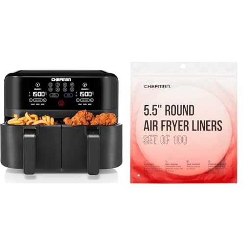 Chefman 6 Quart Dual Basket Air Fryer - Digital Touchscreen, Smart Sync Finish, Hi-Fry, Auto Shutoff, 2 Independent 3QT Nonstick Dishwasher-Safe Frying Baskets - Digital Double Air Fryer - Black