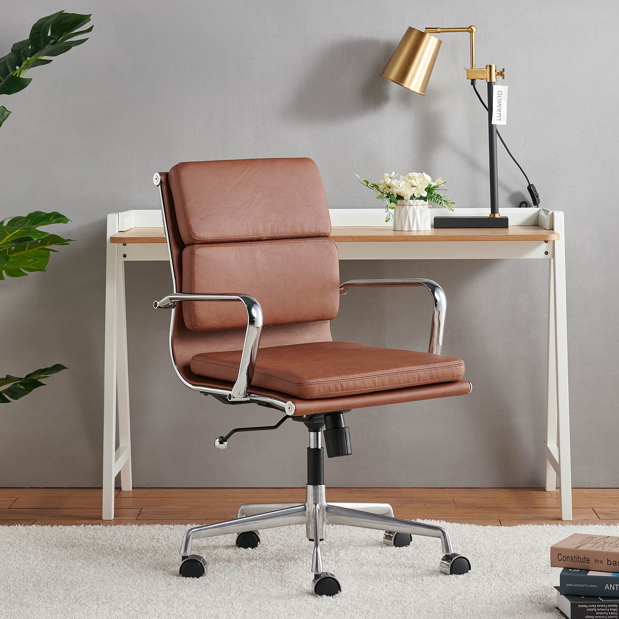 LUXMOD Home Office Desk Chair with Armrest Adjustable Swivel Chair Soft Pad Brown Leather Office Chair Arm Chair Ergonomic Desk Chair for Extra Back and Lumbar Support upholstered Living Room chair