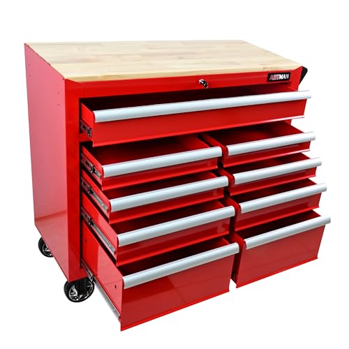 Heavy Duty Rolling Tool Chest with 9-Drawer Wood Top Tool Cart Mechanic Tool Box with Wheels Tool Storage Cabinet Mobile Workbench Tool Bench for Garage, Warehouse, Workshop, Repair Shop (Black)