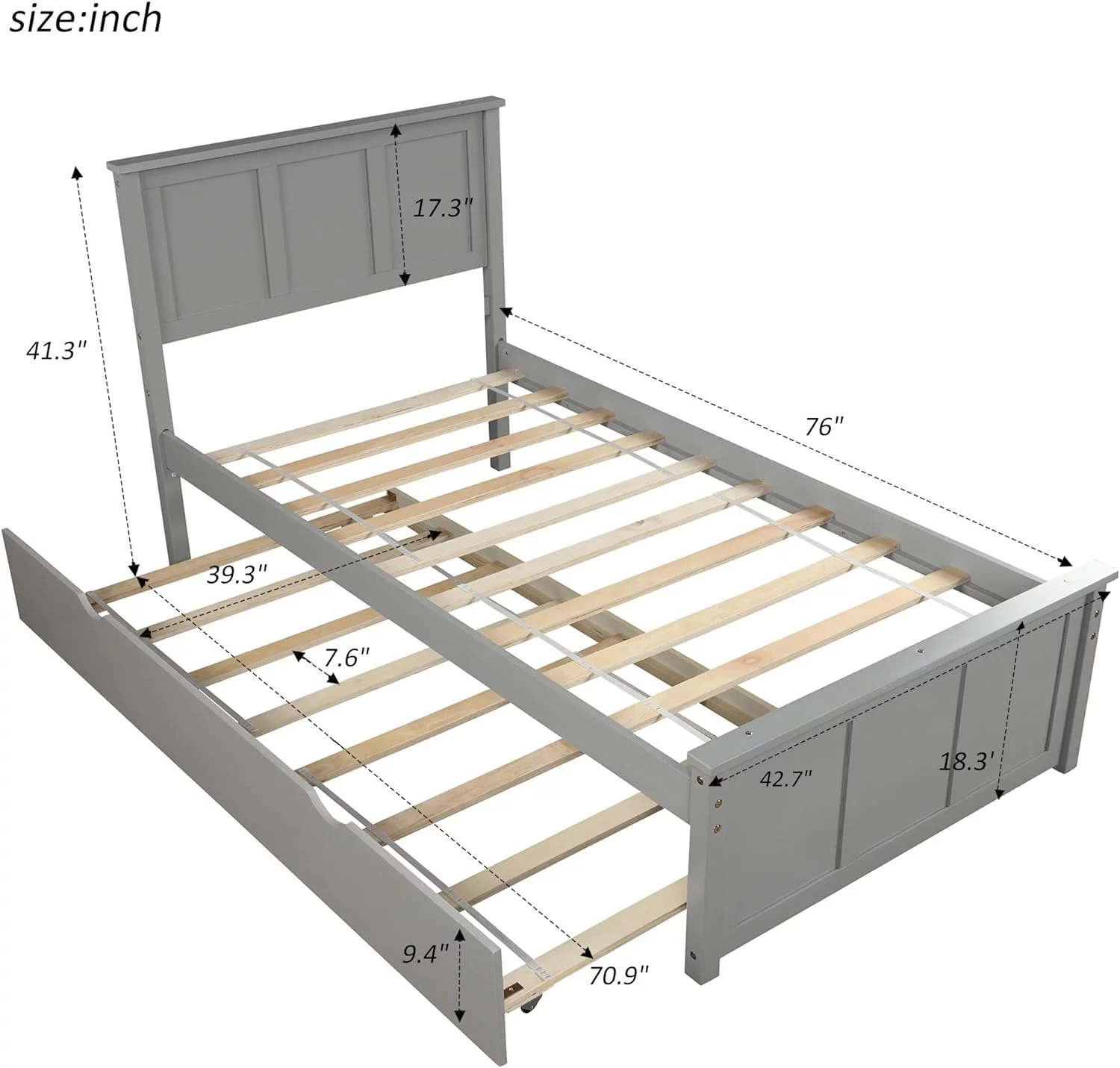 Bed Frame With Headboard And Trundle, Wood Platform Bed With Trundle, No Box Spring Needed (Gray With Trundle)