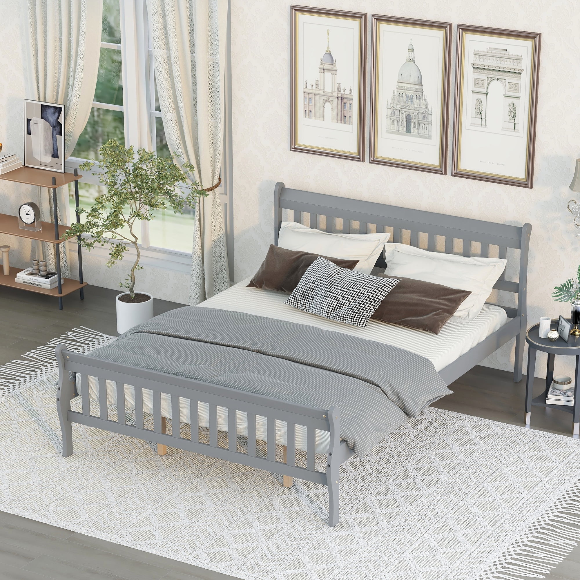 Queen Size Wood Platform Bed Frame with Headboard, Footboard and Strong Wooden Slats, No Box Spring Needed, Easy Assembly, Gray