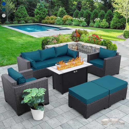 Rattaner Patio Wicker Furniture Set 6 Pieces Outdoor HDPE Wicker Conversation Couch Sectional Chair Sofa Set with Grey Cushions
