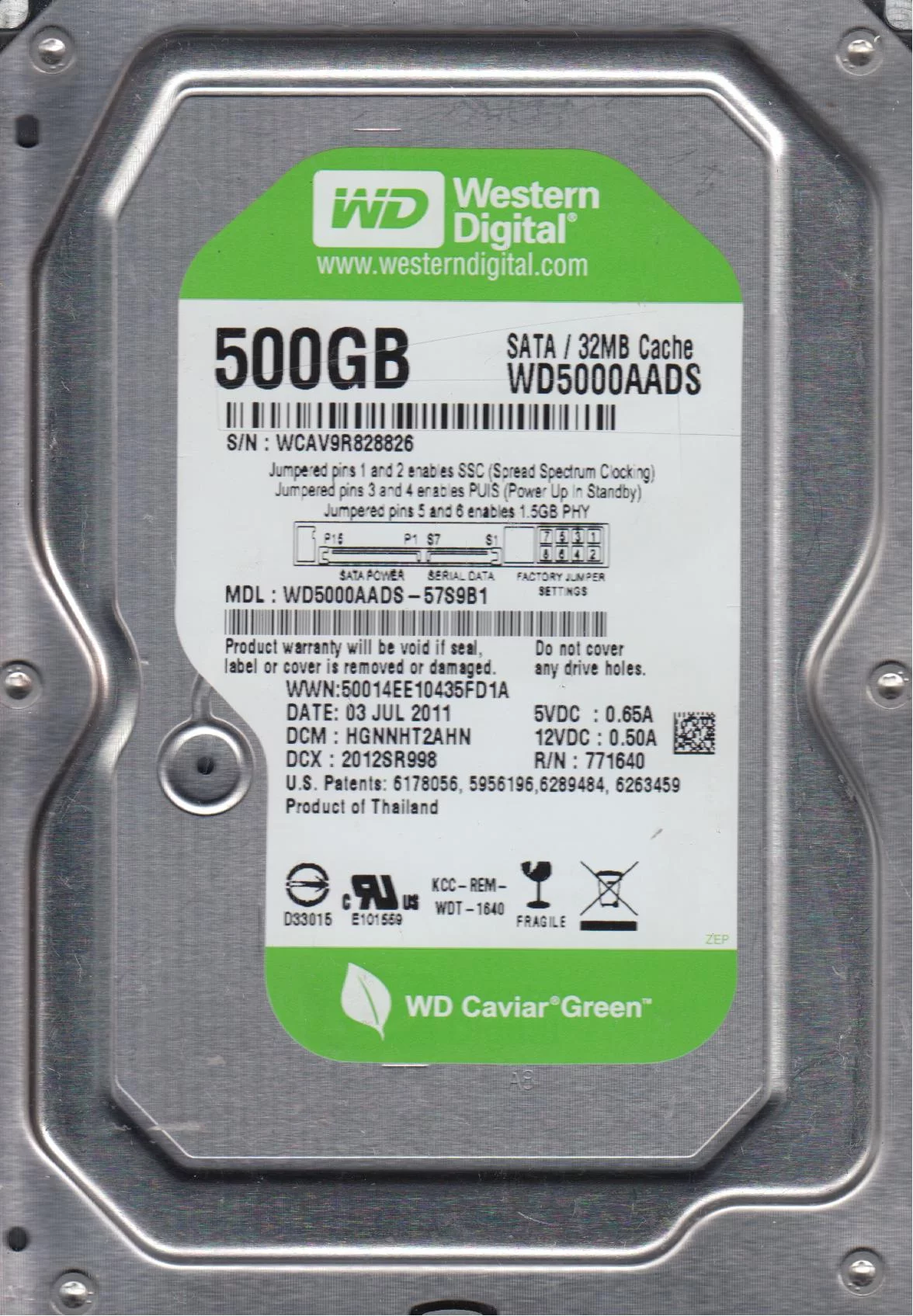 WD5000AADS-57S9B1, DCM HGNNHT2AHN, Western Digital 500GB SATA 3.5 Hard Drive