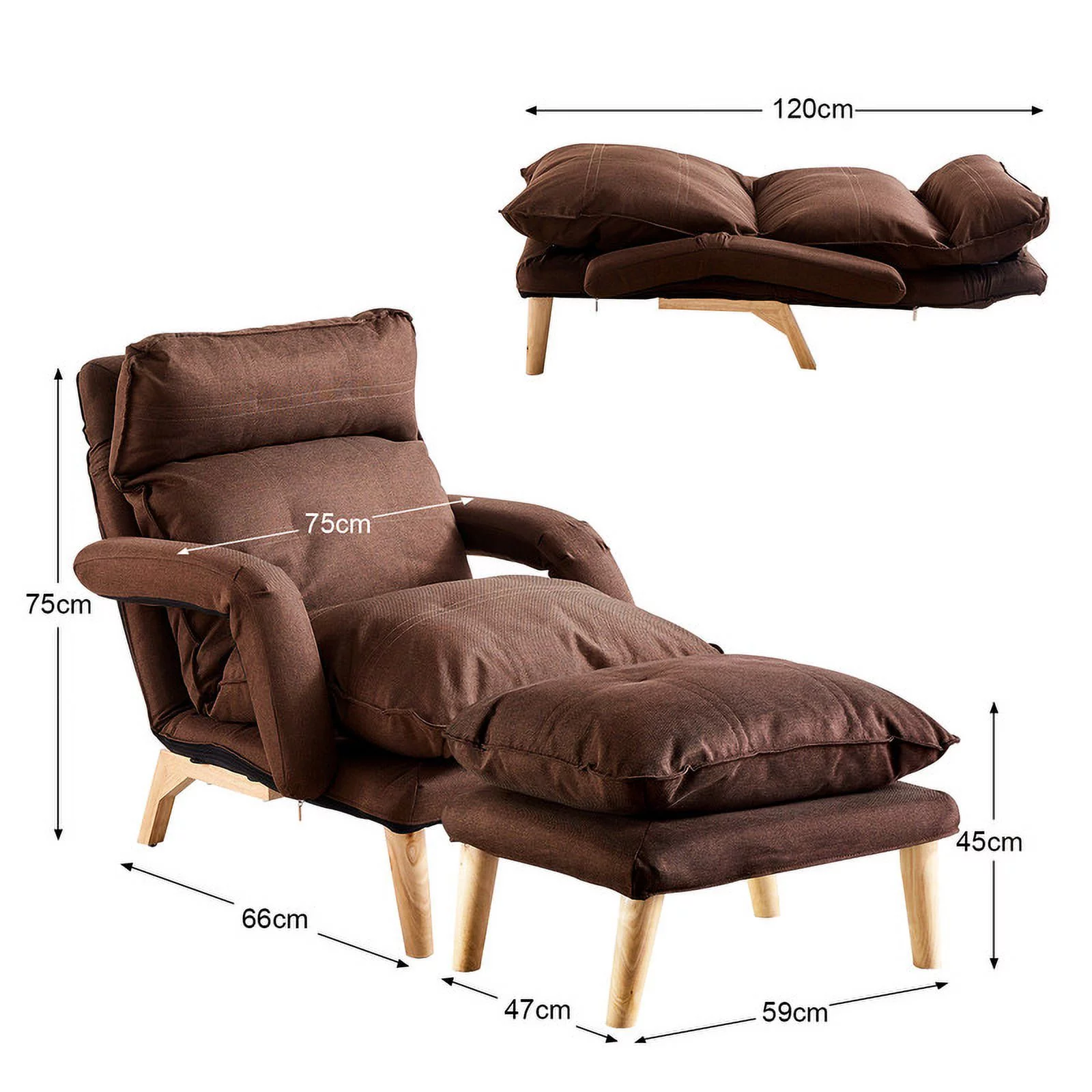 Clipop Living Room Accent Chair with Ottoman,Adult Linen Armchair 5 Angles Adjustable Back,Brown