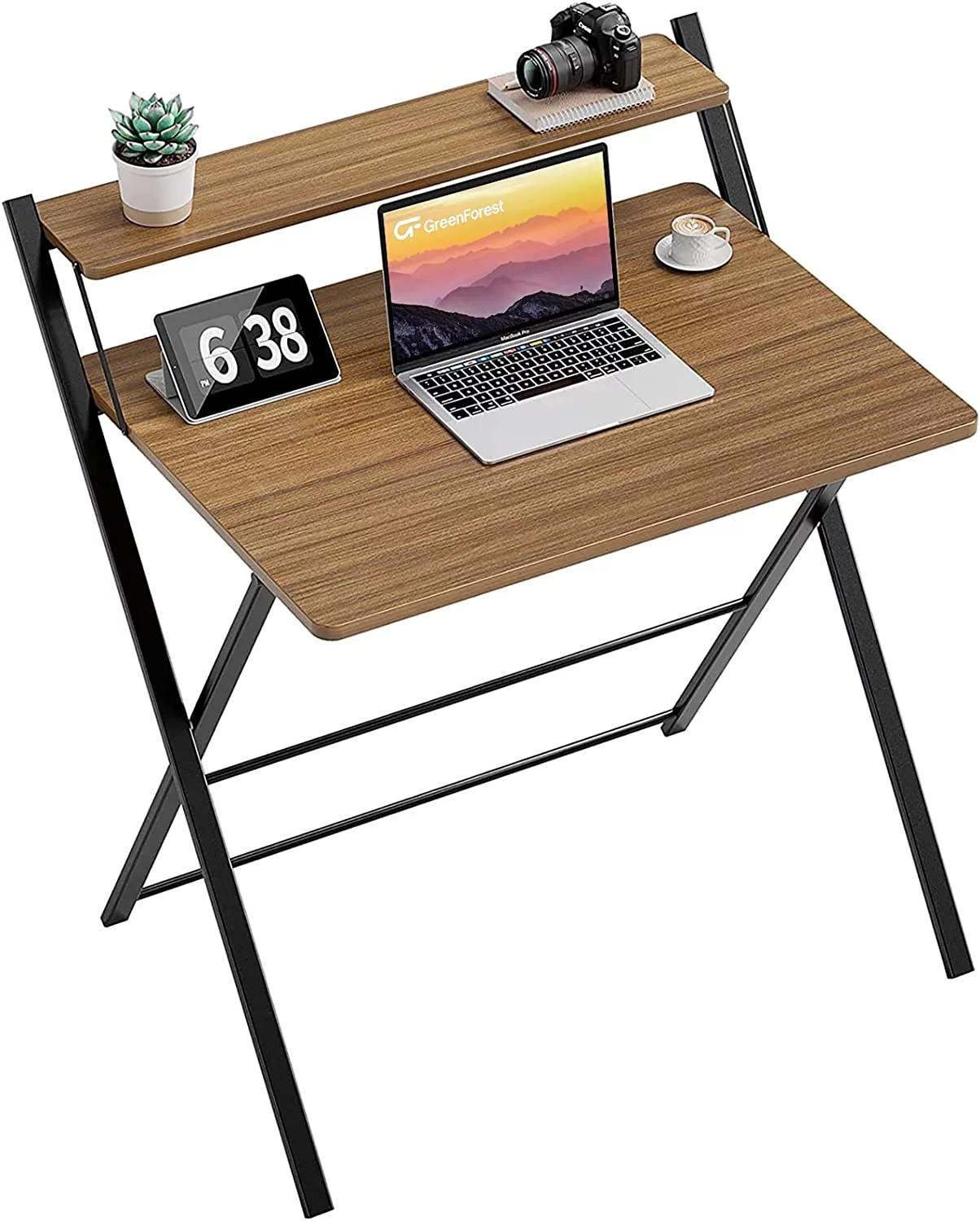 FJU Folding Desk No Assembly Required, Computer Desk with 2-Tier Shelf Foldable Table for Small Spaces Fully Unfold 32 x 24.5 inch,