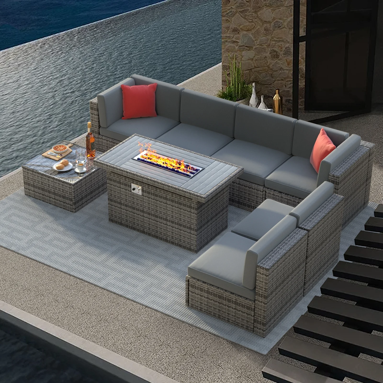 Sunmthink 8 Pcs Patio Furniture Sets with 50000 BTU FirePit Table, Grey
