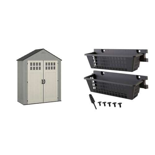 Suncast BMS6312D Everett 6' x 3' Heavy-Duty Resin Outdoor Pad-Lockable Double Doors and Windows All-Weather Shed for Yard Storage, Dove Gray