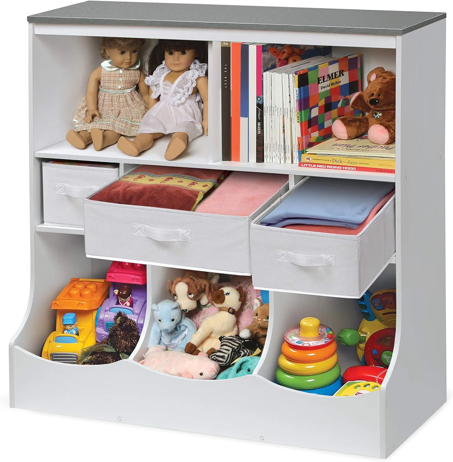 YINCHEN Combo Bin Toy Storage Unit and Book Shelf for Kids with 3 Baskets - White/Gray