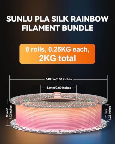 SUNLU 3D Printer Filament Bundle, PLA Silk Rainbow Filament Multicolor, Fast Color Change Each 8 Meters, Individually Vacuum Packed, 250g Spool, 8 Rolls, 2kg Total, 6 Silk Rainbow+Light Gold+Silver