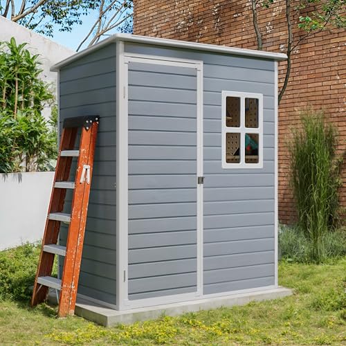 Gizoon 6x4 FT Outdoor Storage Shed with Floor, Resin Garden Tool Shed with Lockable Doors, Window, Vents, Reinforced Steel Frame, Waterproof Plastic Storage Sheds for Backyard, Patio, Lawn