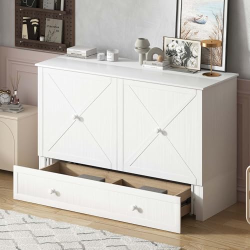 Mjkone Queen Size Murphy Bed with Tri-Folding Mattress, Charging Station, Modern Cabinet Bed with Drawers, Multifunctional Design Wall Murphy Beds for Living Room, Apartment (Cherry Pattern H)