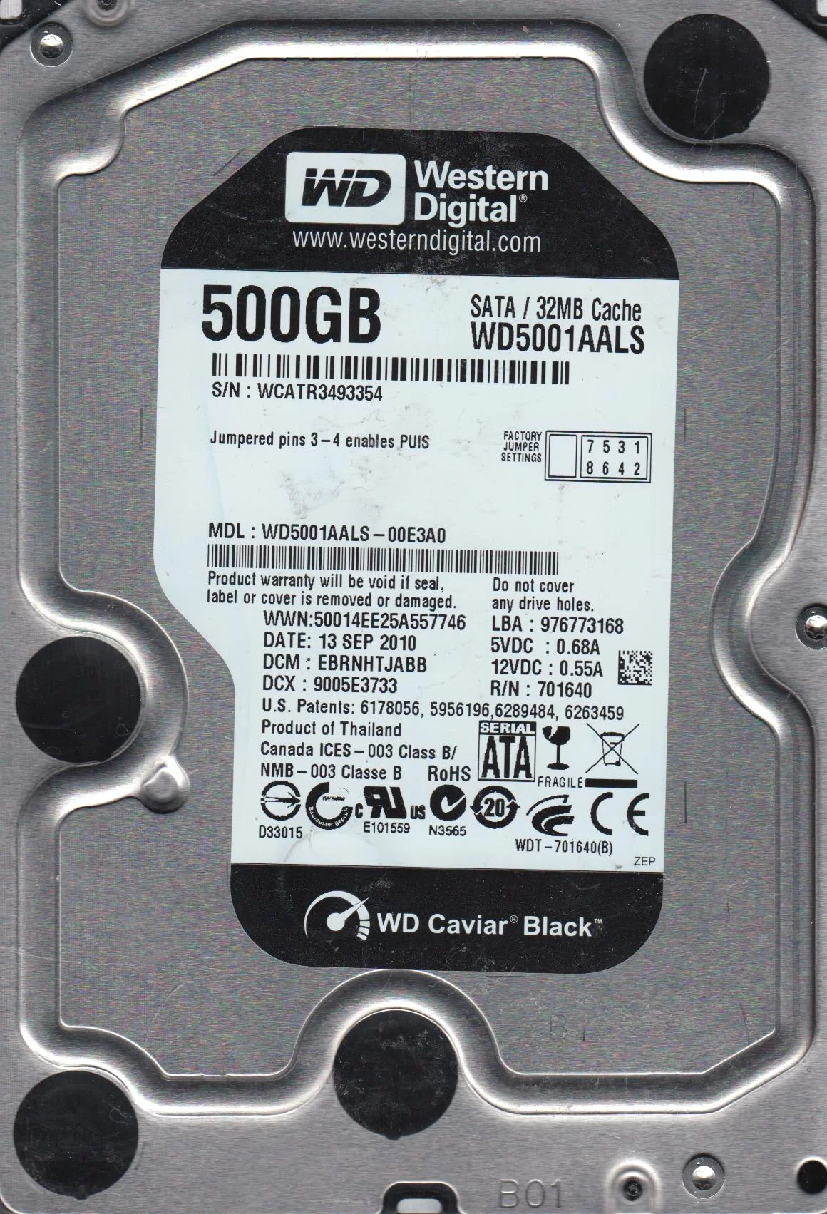 WD5001AALS-00E3A0, DCM EBRNHTJABB, Western Digital 500GB SATA 3.5 Hard Drive