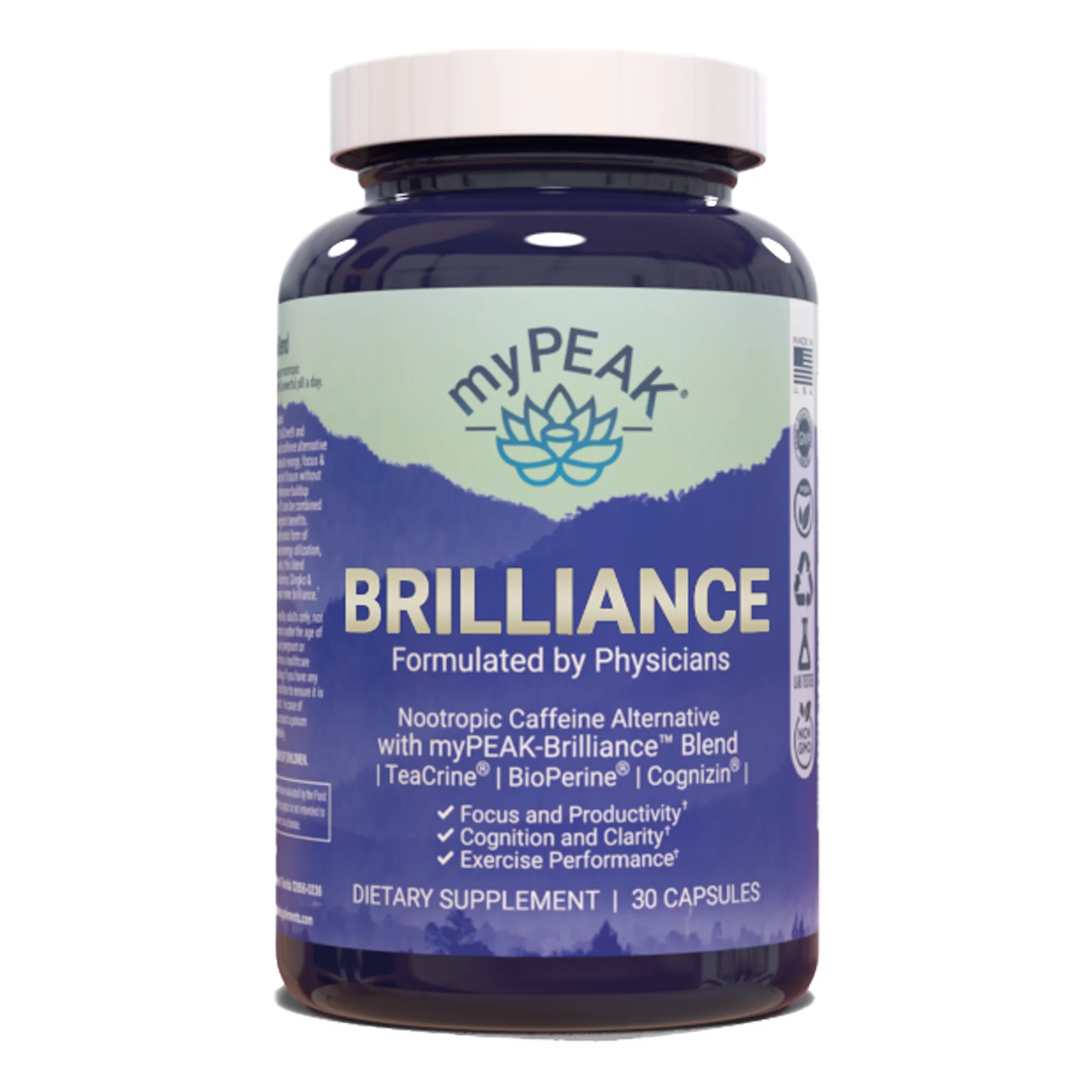 myPEAK Brilliance: Nootropic Focus Supplement for 8-Hours of Sustained Energy, Reduce Fatigue, Enhance Focus, Improve Memory, Caffeine-Free Pre-Workout with Theacrine, Theanine, Gingko, B-complex