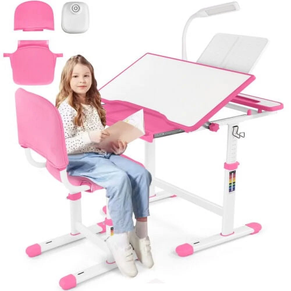 COSVALVE Height Adjustable Kids Study Desk & Chair Set Children Girl Table Large Writing Board Desk with LED Lamp,Drawer,Bookstand,Chair Cover(Pink)