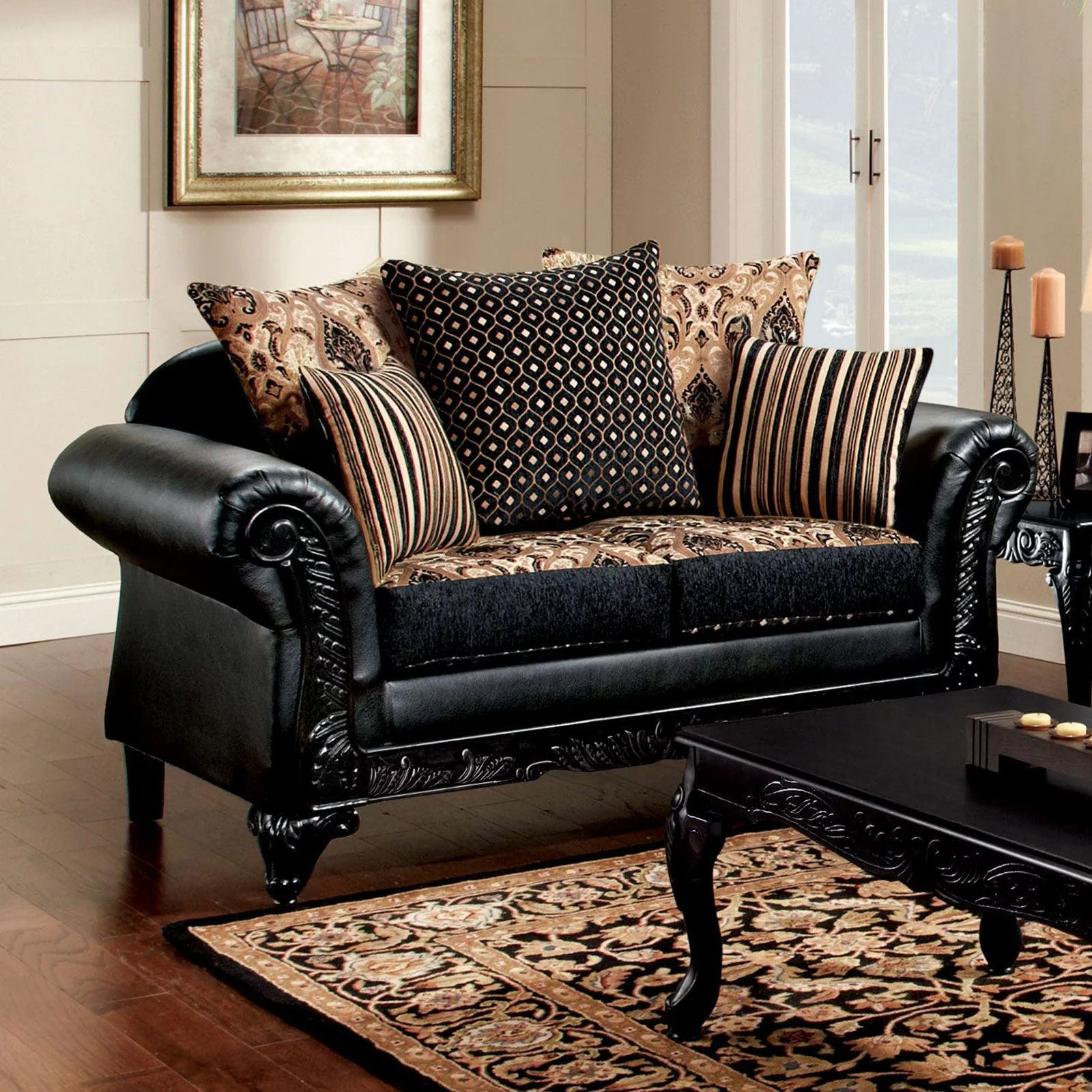 Traditional Black & Tan Chenille Sofa and Loveseat Furniture of America Theodora