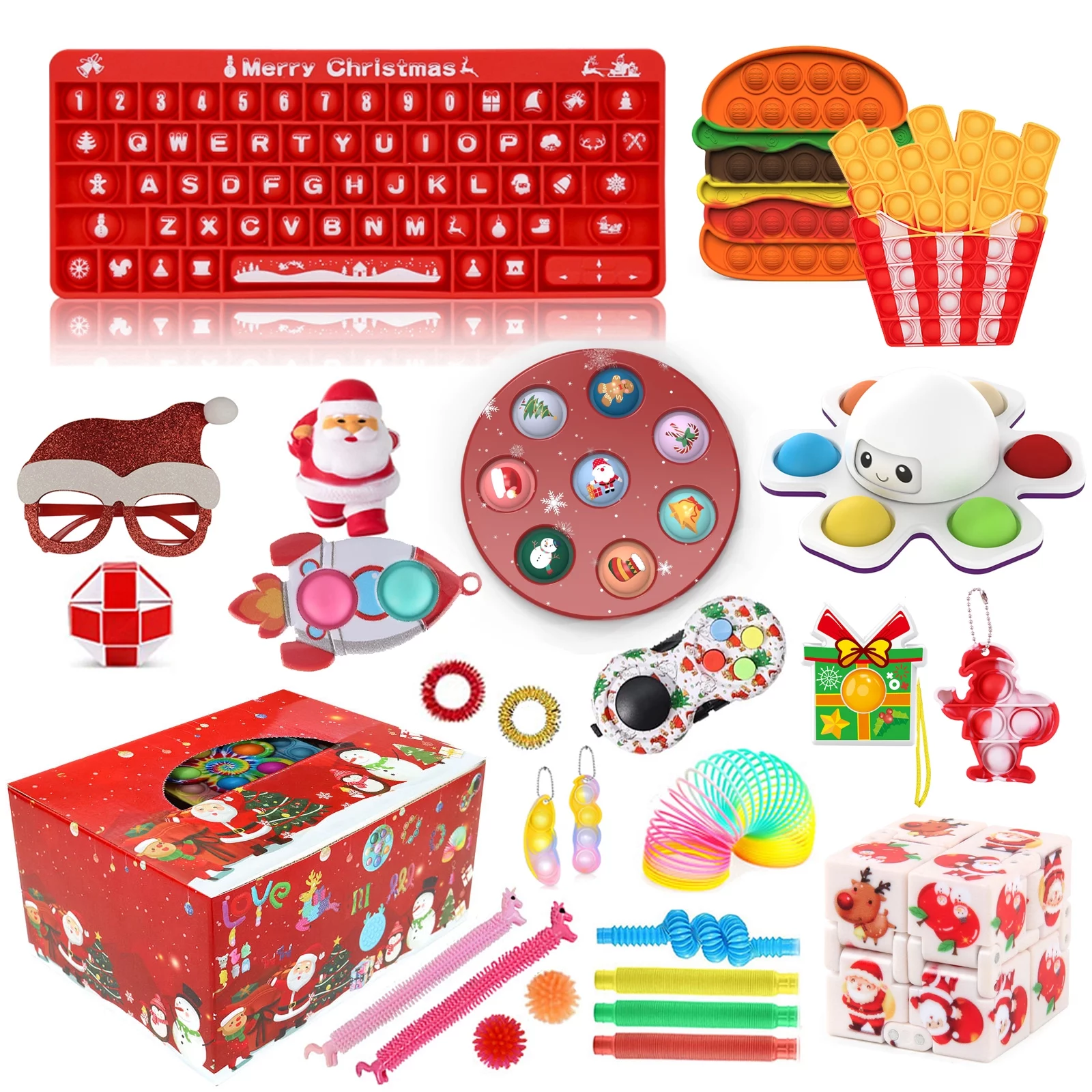 Zoiuytrg 27PCS Christmas Pop Bubble Sensory Fidget Toy Pack Big Rainbow Keyboard Anti-Anxiety Tools Bundle for Kids and Adults