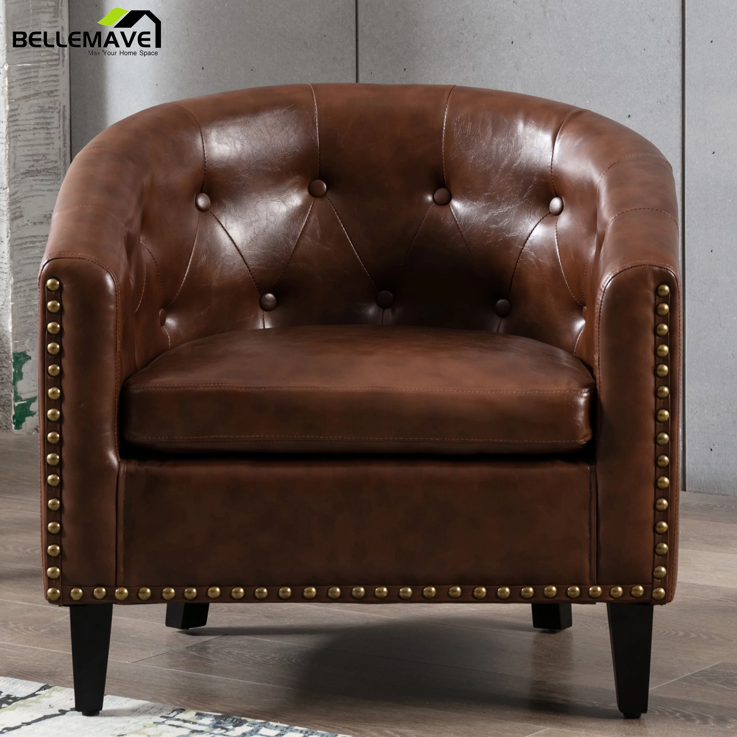 Bellemave Brown PU Leather Upholstery Barrel Chair Tub Chair for Living Room Bedroom, Stylish Tufted Armchair Sofa Chair with Rivet and Curved Backrest