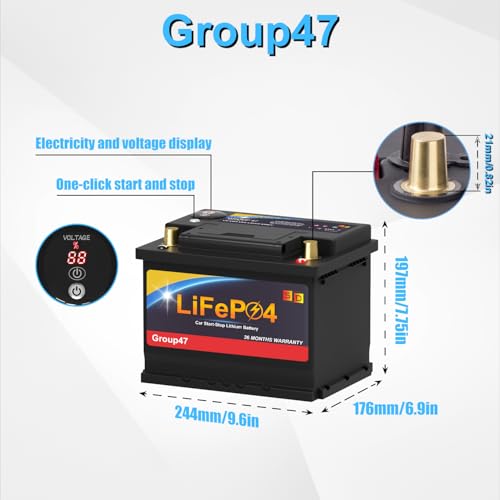 Lithium Car Battery Start and Stop, 12.8V 576WH Group 47 LiFePO4 Automotive Battery For Car, Starter Battery Plus Deep Cycle Performance, 36 Months Warranty
