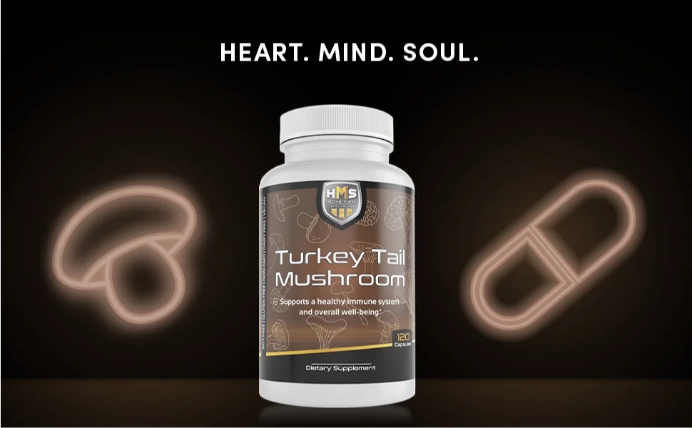 HMS Nutrition Turkey Tail Mushroom 120 Potent 1000mg Capsules Non-GMO Vegan Strong Antioxidant and Immune Support Abilities