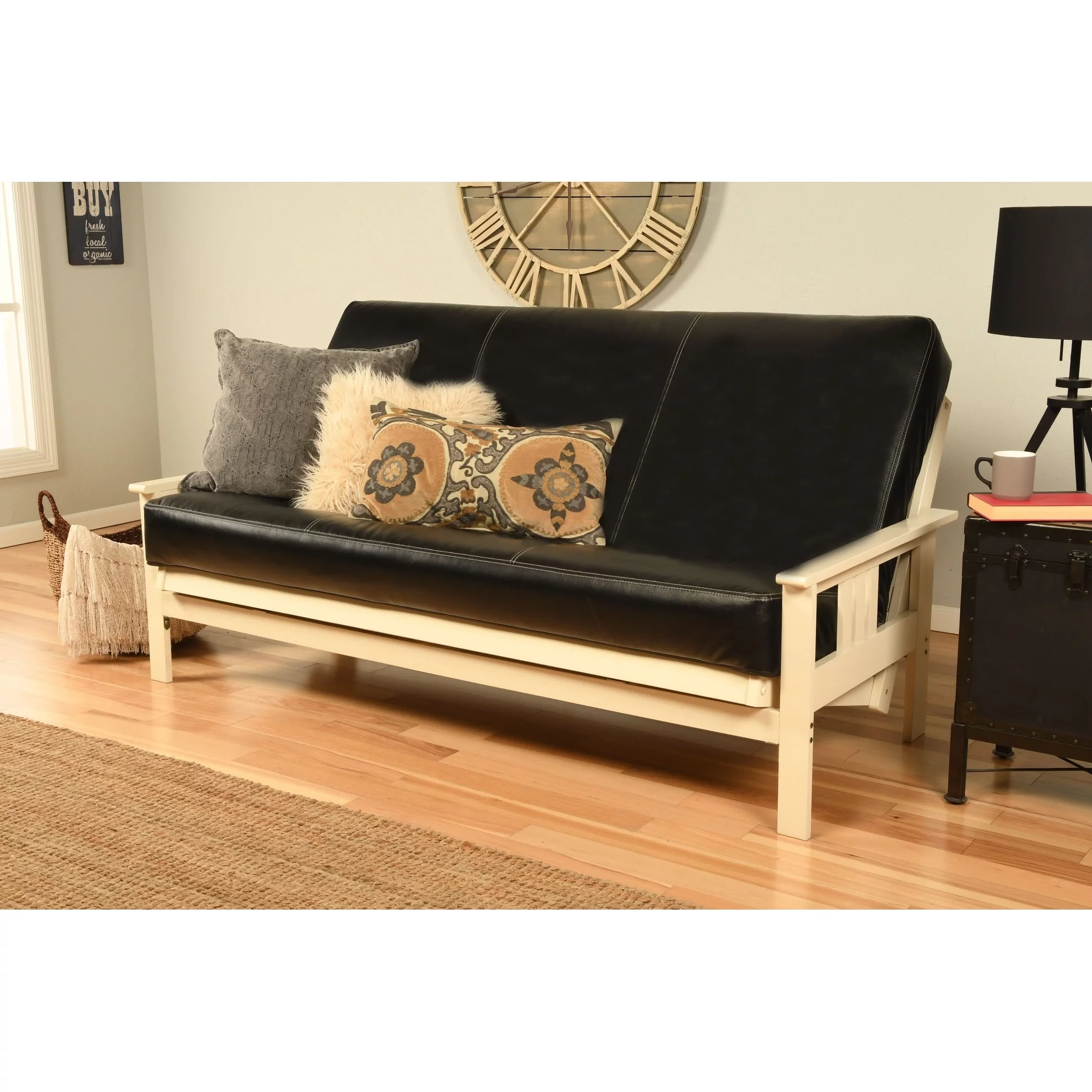 Somette  Monterey Sofa in Antique White Finish with Removable Faux Leather Mattress Cover Oregon Trail Java